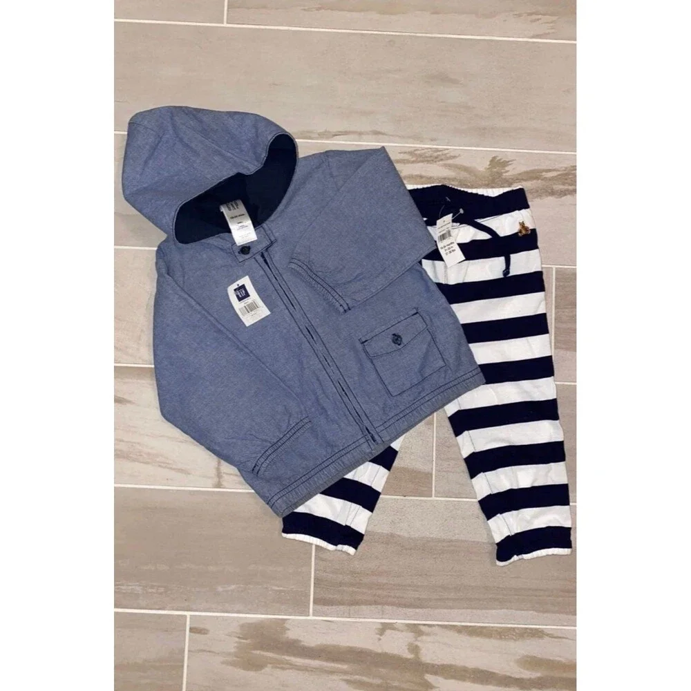NEW Vintage Baby Gap Boys Chambray Hoodie Jacket & Striped Pants 18-24 Months